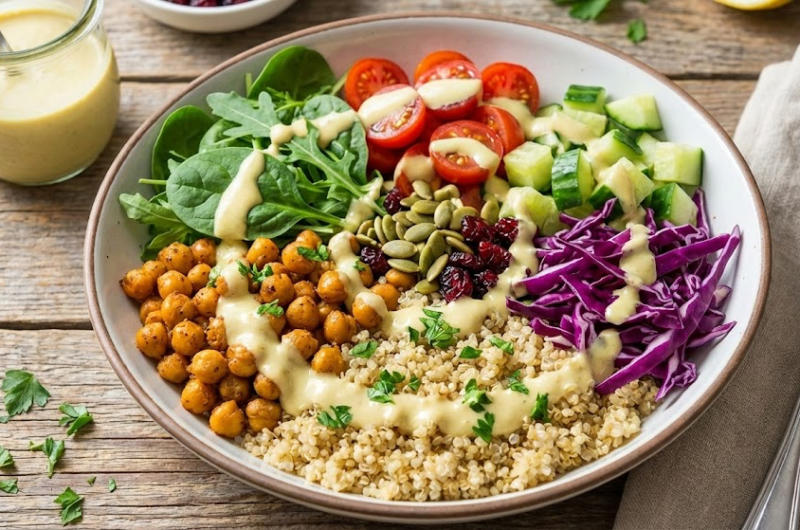 Mediterranean Fiber Bowl with Lemon-Tahini Dressing