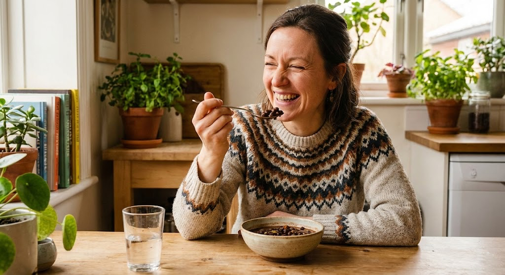 woman eating beans beantok trend